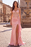 Pink Floral Appliques Corset Sheer Satin Mermaid Draped Long Ball Dress with Slit