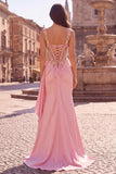 Pink Floral Appliques Corset Sheer Satin Mermaid Draped Long Ball Dress with Slit