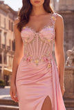 Pink Floral Appliques Corset Sheer Satin Mermaid Draped Long Ball Dress with Slit