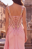 Pink Floral Appliques Corset Sheer Satin Mermaid Draped Long Ball Dress with Slit