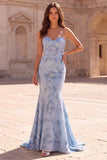Light Blue Mermaid Strapless Long Ball Dress with Beading