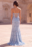 Light Blue Mermaid Strapless Long Ball Dress with Beading