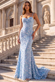 Light Blue Mermaid Floral Appliques Corset Spaghetti Straps Long Ball Dress
