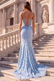 Light Blue Mermaid Floral Appliques Corset Spaghetti Straps Long Ball Dress