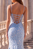 Light Blue Mermaid Floral Appliques Corset Spaghetti Straps Long Ball Dress