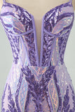 Sparkly Dark Purple Spaghetti Straps Corset Homecoming Dress with Sequins