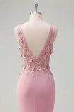 Mermaid Taro V-Neck Ruched Long Ball Dress with Appliqued 3D Flowers
