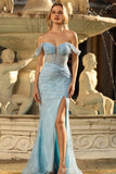 Blue Off The Shoulder Mermaid Beaded Long Prom Dress with Slit