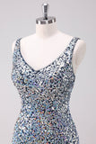 Sparkly Silver Bodycon V-Neck Short Homecoming Dress with Sequins