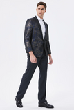 Dark Navy Jacquard Shawl Lapel Men's Prom Blazer