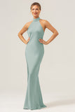 Dark Green Sheath Halter Long Bridesmaid Dress With Slit