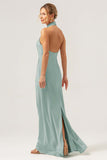 Dark Green Sheath Halter Long Bridesmaid Dress With Slit