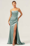 Dark Green Mermaid Spaghetti Straps Corset Satin Bridesmaid Dress with Slit