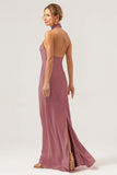 Dark Green Sheath Halter Long Bridesmaid Dress With Slit