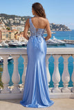 One Shoulder Light Blue Appliqued Satin Mermaid Ball Dress
