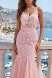 Pink V-Neck Mermaid Appliqued Tulle Ball Dress