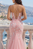 Pink V-Neck Mermaid Appliqued Tulle Ball Dress