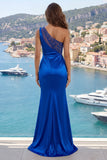 One Shoulder Royal Blue Mermaid Satin Ball Dress with Slit