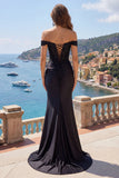 Off The Shoulder Black Mermaid Appliqued Satin Ball Dress