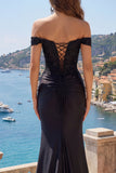 Off The Shoulder Black Mermaid Appliqued Satin Ball Dress