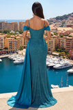 Sparkly Teal Cold Shoulder Mermaid Ball Dress with Streamer