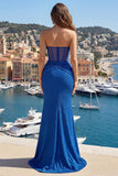 Strapless Royal Blue Corset Mermaid Ball Dress with Slit