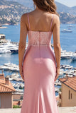 Blush Spaghetti Straps Mermaid Satin Ball Dress with Slit