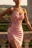Blush Mermaid Appliqued Corset Long Ball Dress with Slit