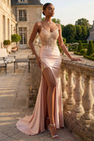 Champagne Appliqued Corset Mermaid Long Ball Dress with Slit
