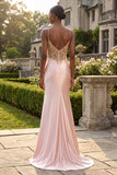 Champagne Appliqued Corset Mermaid Long Ball Dress with Slit