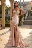 Strapless Champagne Mermaid Corset Appliqued Long Ball Dress with Slit