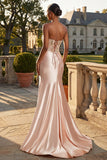 Strapless Champagne Mermaid Corset Appliqued Long Ball Dress with Slit