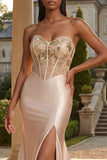 Strapless Champagne Mermaid Corset Appliqued Long Ball Dress with Slit