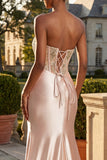Strapless Champagne Mermaid Corset Appliqued Long Ball Dress with Slit