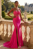 Fuchsia Floral Beaded Mermaid Corset Long Ball Dress with Slit