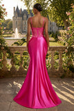 Fuchsia Floral Beaded Mermaid Corset Long Ball Dress with Slit