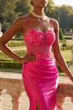 Fuchsia Floral Beaded Mermaid Corset Long Ball Dress with Slit