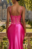 Fuchsia Floral Beaded Mermaid Corset Long Ball Dress with Slit