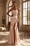 Strapless Champagne Mermaid Beaded Ruched Long Ball Dress with Slit