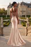 Strapless Champagne Mermaid Beaded Ruched Long Ball Dress with Slit
