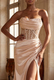 Strapless Champagne Mermaid Beaded Ruched Long Ball Dress with Slit