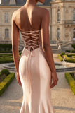 Strapless Champagne Mermaid Beaded Ruched Long Ball Dress with Slit