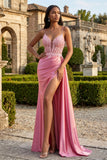 Pink Appliqued Mermaid Spaghetti Straps Long Ball Dress with Slit