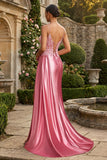 Pink Appliqued Mermaid Spaghetti Straps Long Ball Dress with Slit