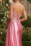 Pink Appliqued Mermaid Spaghetti Straps Long Ball Dress with Slit