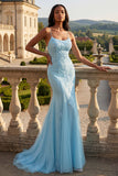 Mermaid Blue Appliqued Spaghetti Straps Long Ball Dress