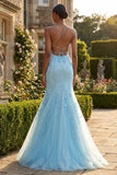 Mermaid Blue Appliqued Spaghetti Straps Long Ball Dress