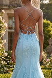 Mermaid Blue Appliqued Spaghetti Straps Long Ball Dress