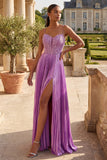 Purple A Line Appliqued Pleated Long Ball Dress with Slit