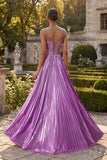 Purple A Line Appliqued Pleated Long Ball Dress with Slit